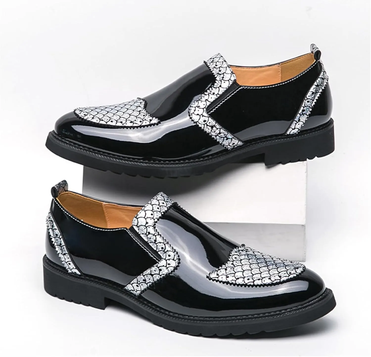 Men's Patent Leather Printed Dress Loafers Fashion Classic Cap Toe Low Top Slip On Oxford Shoes Business Casual Office Wedding Formal Shoes