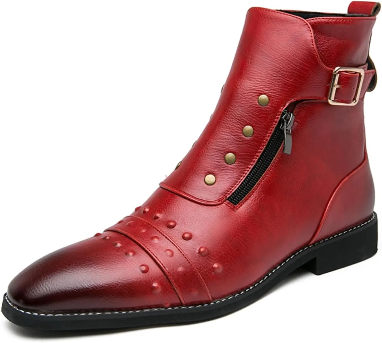 Mens Retro Leather Buckle Chukka Ankle Boots with Side Zipper Pointed Toe Non-Slip Low Heels Casual Shoes for Business Casual Dress Prom Party