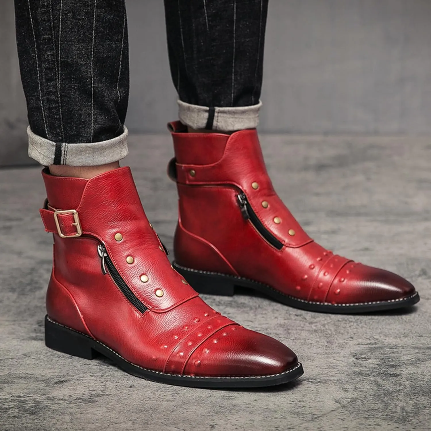 Mens Retro Leather Buckle Chukka Ankle Boots with Side Zipper Pointed Toe Non-Slip Low Heels Casual Shoes for Business Casual Dress Prom Party