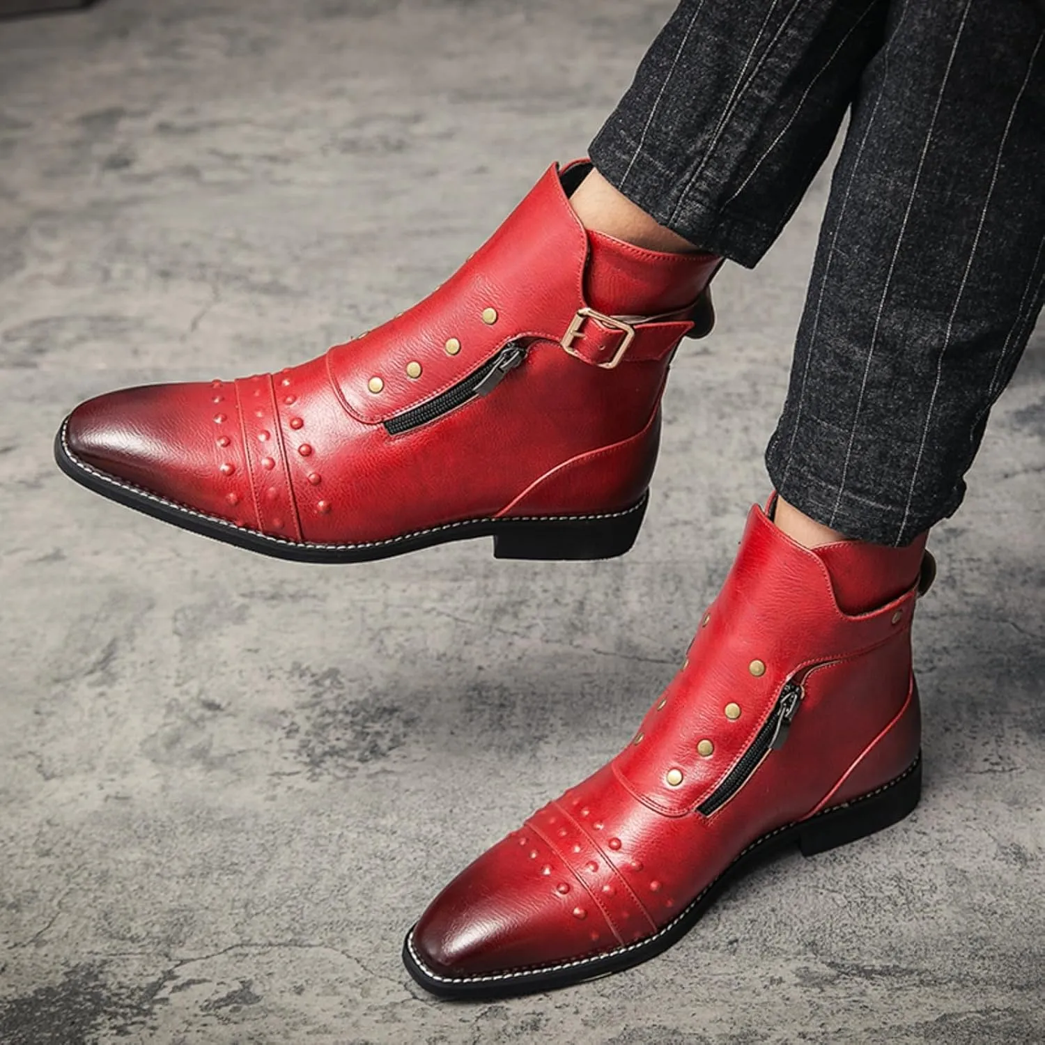 Mens Retro Leather Buckle Chukka Ankle Boots with Side Zipper Pointed Toe Non-Slip Low Heels Casual Shoes for Business Casual Dress Prom Party