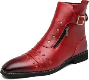 Mens Retro Leather Buckle Chukka Ankle Boots with Side Zipper Pointed Toe Non-Slip Low Heels Casual Shoes for Business Casual Dress Prom Party