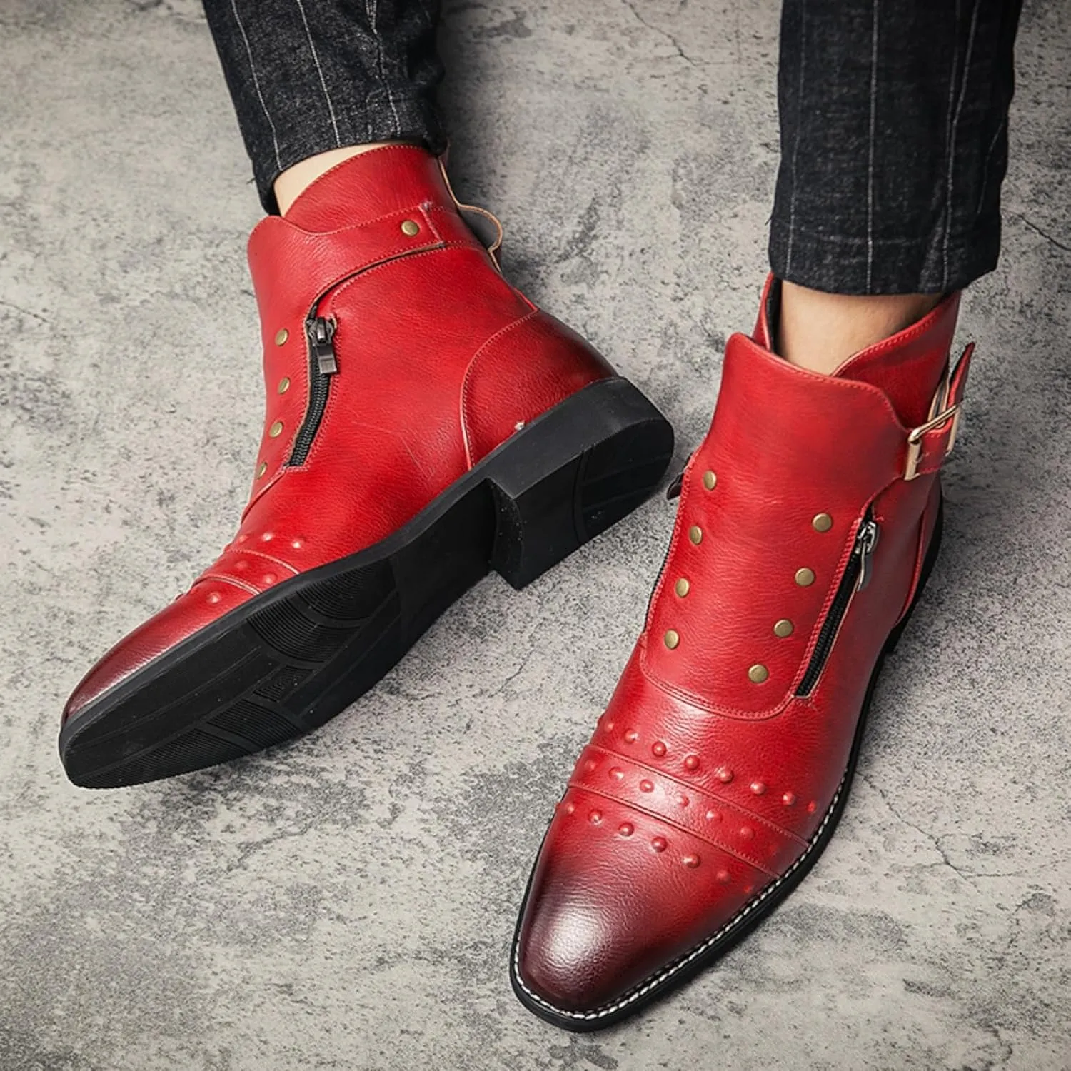 Mens Retro Leather Buckle Chukka Ankle Boots with Side Zipper Pointed Toe Non-Slip Low Heels Casual Shoes for Business Casual Dress Prom Party
