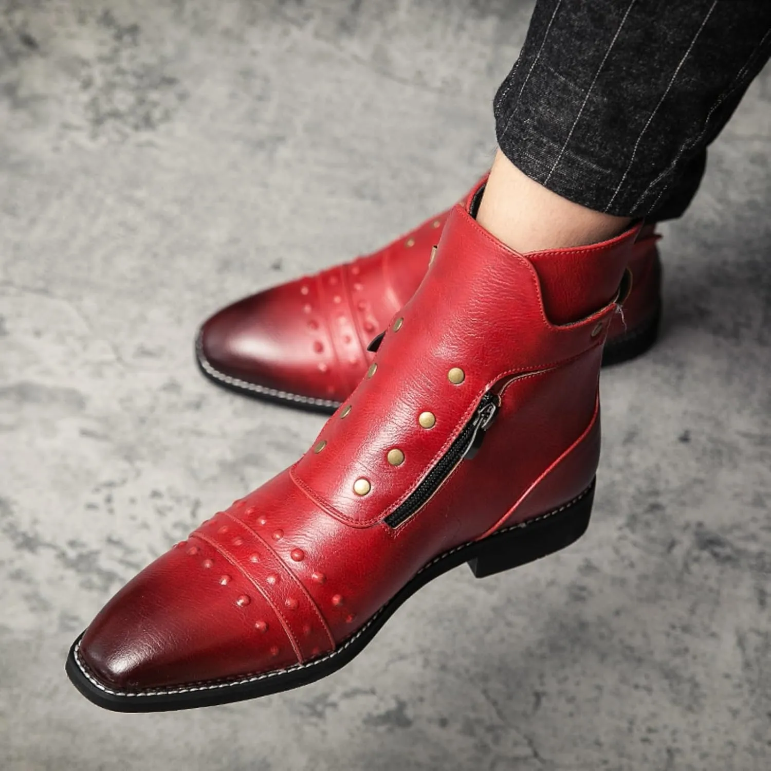 Mens Retro Leather Buckle Chukka Ankle Boots with Side Zipper Pointed Toe Non-Slip Low Heels Casual Shoes for Business Casual Dress Prom Party