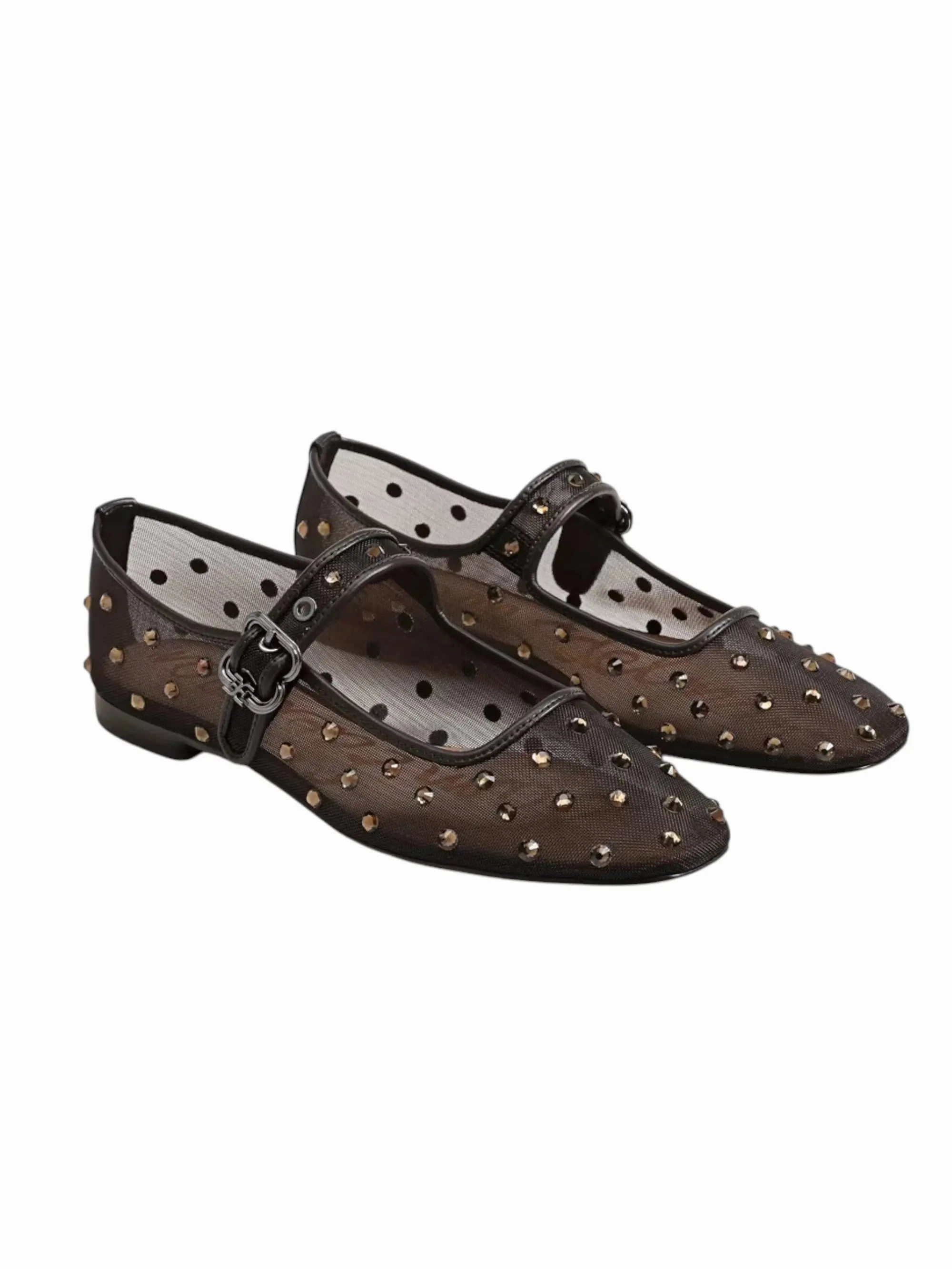 Michaela Shine Mary Jane Flat - Cafe Noir Mesh Fabric Comfortable Heel
