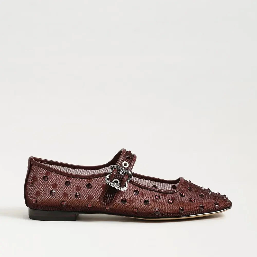On The Move Michaela Shine Mary Jane Flat - French Merlot Mesh Fabric