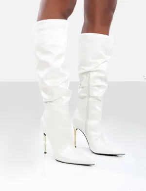 Monica Ecru Croc PU Pointed Toe Knee High Boots