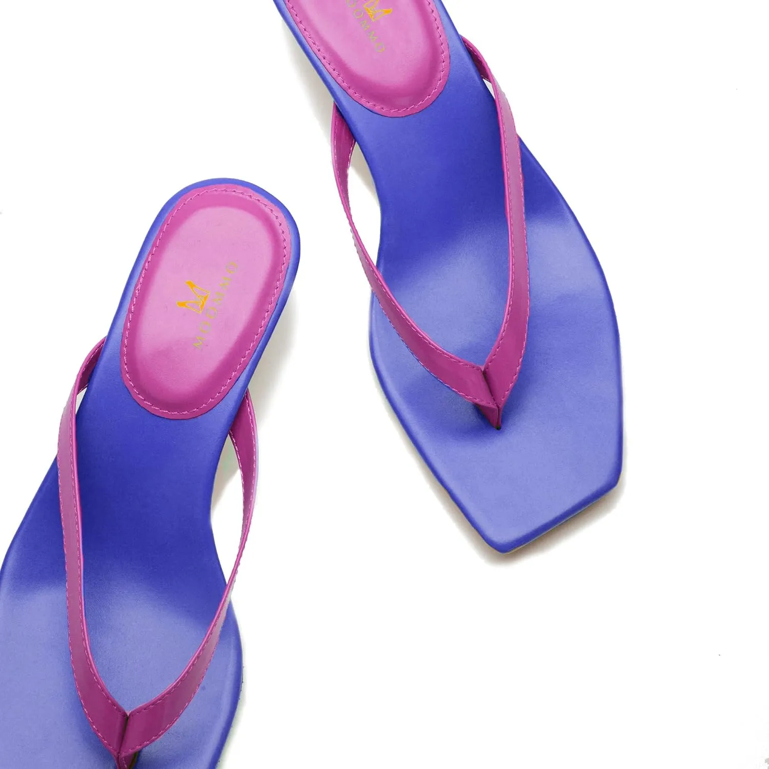 MOOMMO Thong Sandals Flip Flop Mules Kitten Heels Open Square Toe for Women Slim Matte Leather Comfortable T-Straps Slippers Heeled for Outdoor Summer Beach 4-11 M US