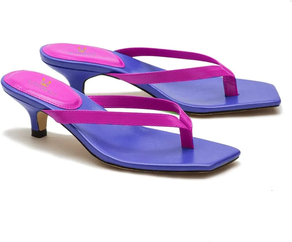 MOOMMO Thong Sandals Flip Flop Mules Kitten Heels Open Square Toe for Women Slim Matte Leather Comfortable T-Straps Slippers Heeled for Outdoor Summer Beach 4-11 M US