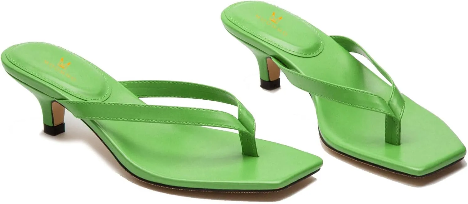 MOOMMO Thong Sandals Flip Flop Mules Kitten Heels Open Square Toe for Women Slim Matte Leather Comfortable T-Straps Slippers Heeled for Outdoor Summer Beach 4-11 M US