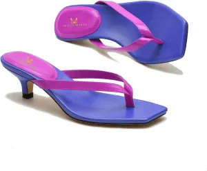 MOOMMO Thong Sandals Flip Flop Mules Kitten Heels Open Square Toe for Women Slim Matte Leather Comfortable T-Straps Slippers Heeled for Outdoor Summer Beach 4-11 M US