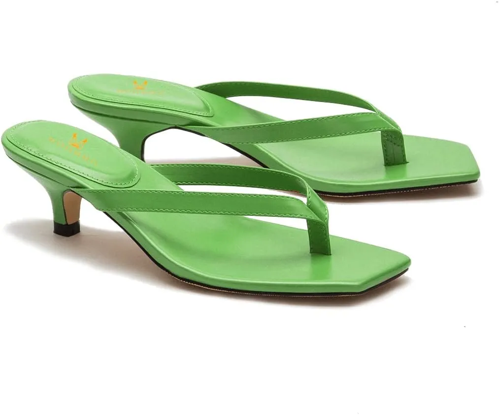 MOOMMO Thong Sandals Flip Flop Mules Kitten Heels Open Square Toe for Women Slim Matte Leather Comfortable T-Straps Slippers Heeled for Outdoor Summer Beach 4-11 M US