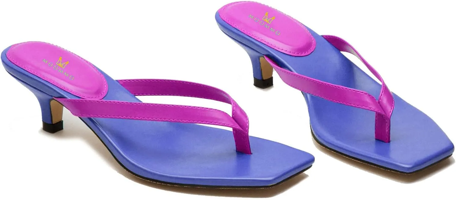 MOOMMO Thong Sandals Flip Flop Mules Kitten Heels Open Square Toe for Women Slim Matte Leather Comfortable T-Straps Slippers Heeled for Outdoor Summer Beach 4-11 M US