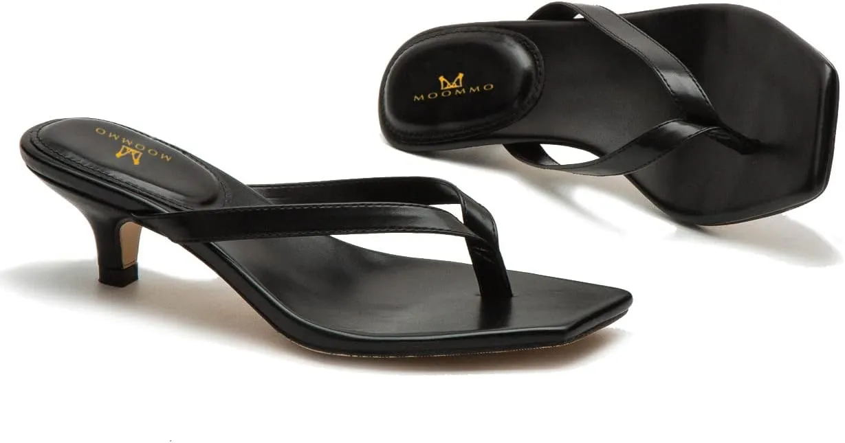 MOOMMO Thong Sandals Flip Flop Mules Kitten Heels Open Square Toe for Women Slim Matte Leather Comfortable T-Straps Slippers Heeled for Outdoor Summer Beach 4-11 M US