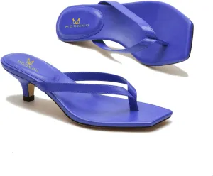 MOOMMO Thong Sandals Flip Flop Mules Kitten Heels Open Square Toe for Women Slim Matte Leather Comfortable T-Straps Slippers Heeled for Outdoor Summer Beach 4-11 M US