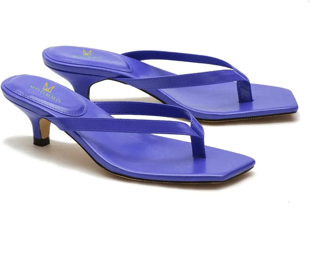 MOOMMO Thong Sandals Flip Flop Mules Kitten Heels Open Square Toe for Women Slim Matte Leather Comfortable T-Straps Slippers Heeled for Outdoor Summer Beach 4-11 M US