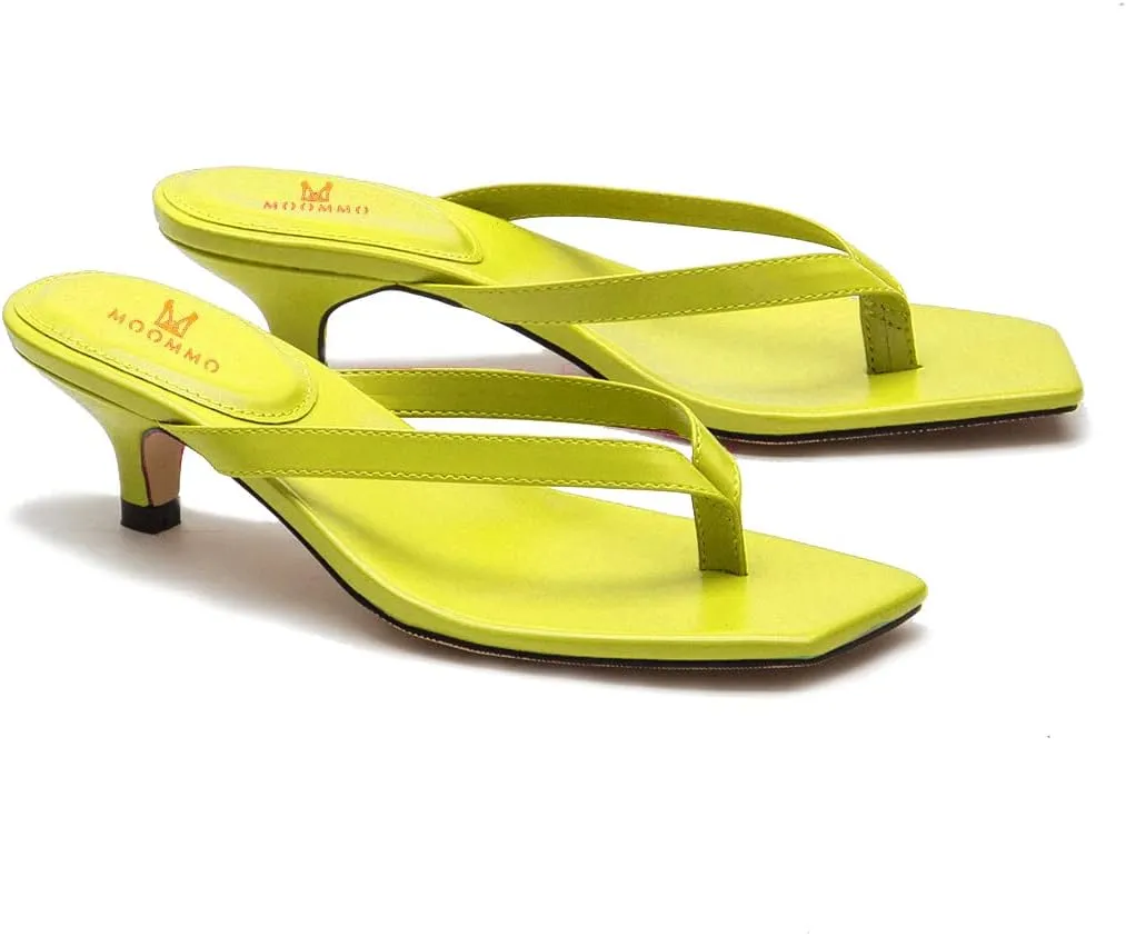 MOOMMO Thong Sandals Flip Flop Mules Kitten Heels Open Square Toe for Women Slim Matte Leather Comfortable T-Straps Slippers Heeled for Outdoor Summer Beach 4-11 M US