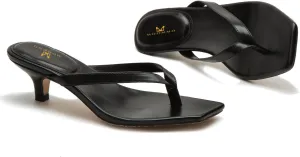 MOOMMO Thong Sandals Flip Flop Mules Kitten Heels Open Square Toe for Women Slim Matte Leather Comfortable T-Straps Slippers Heeled for Outdoor Summer Beach 4-11 M US
