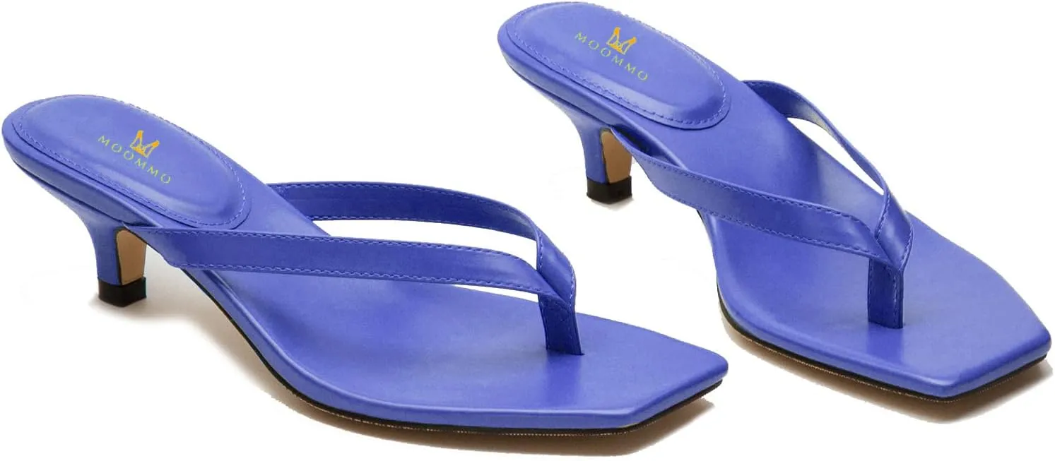 MOOMMO Thong Sandals Flip Flop Mules Kitten Heels Open Square Toe for Women Slim Matte Leather Comfortable T-Straps Slippers Heeled for Outdoor Summer Beach 4-11 M US