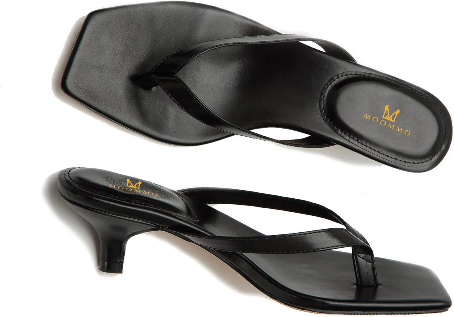 MOOMMO Thong Sandals Flip Flop Mules Kitten Heels Open Square Toe for Women Slim Matte Leather Comfortable T-Straps Slippers Heeled for Outdoor Summer Beach 4-11 M US