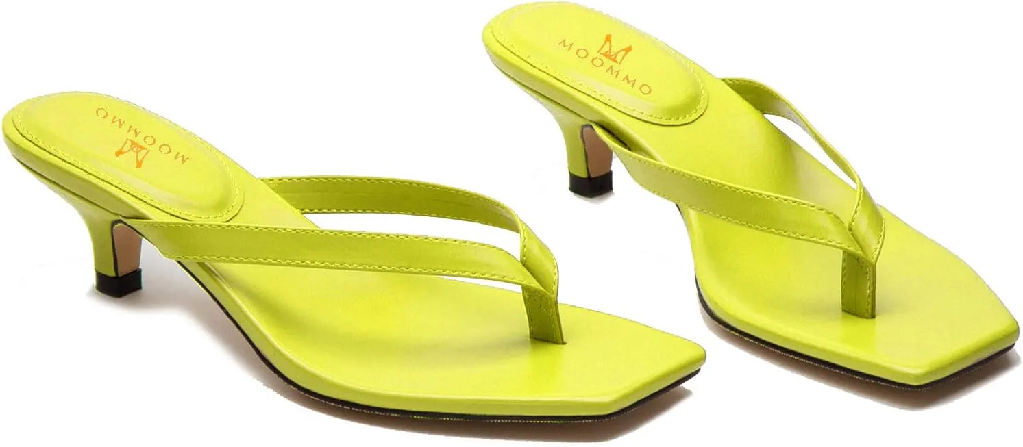 MOOMMO Thong Sandals Flip Flop Mules Kitten Heels Open Square Toe for Women Slim Matte Leather Comfortable T-Straps Slippers Heeled for Outdoor Summer Beach 4-11 M US