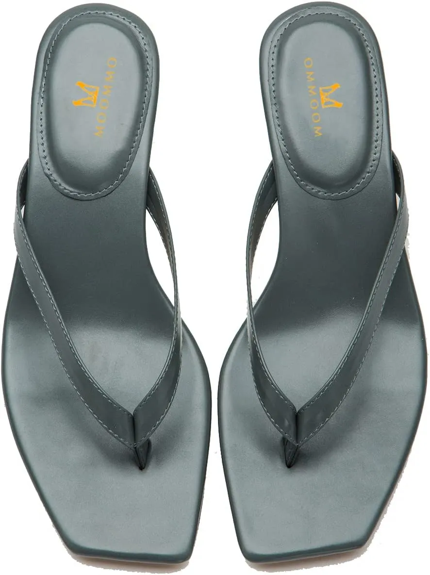 MOOMMO Thong Sandals Flip Flop Mules Kitten Heels Open Square Toe for Women Slim Matte Leather Comfortable T-Straps Slippers Heeled for Outdoor Summer Beach 4-11 M US