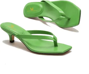 MOOMMO Thong Sandals Flip Flop Mules Kitten Heels Open Square Toe for Women Slim Matte Leather Comfortable T-Straps Slippers Heeled for Outdoor Summer Beach 4-11 M US
