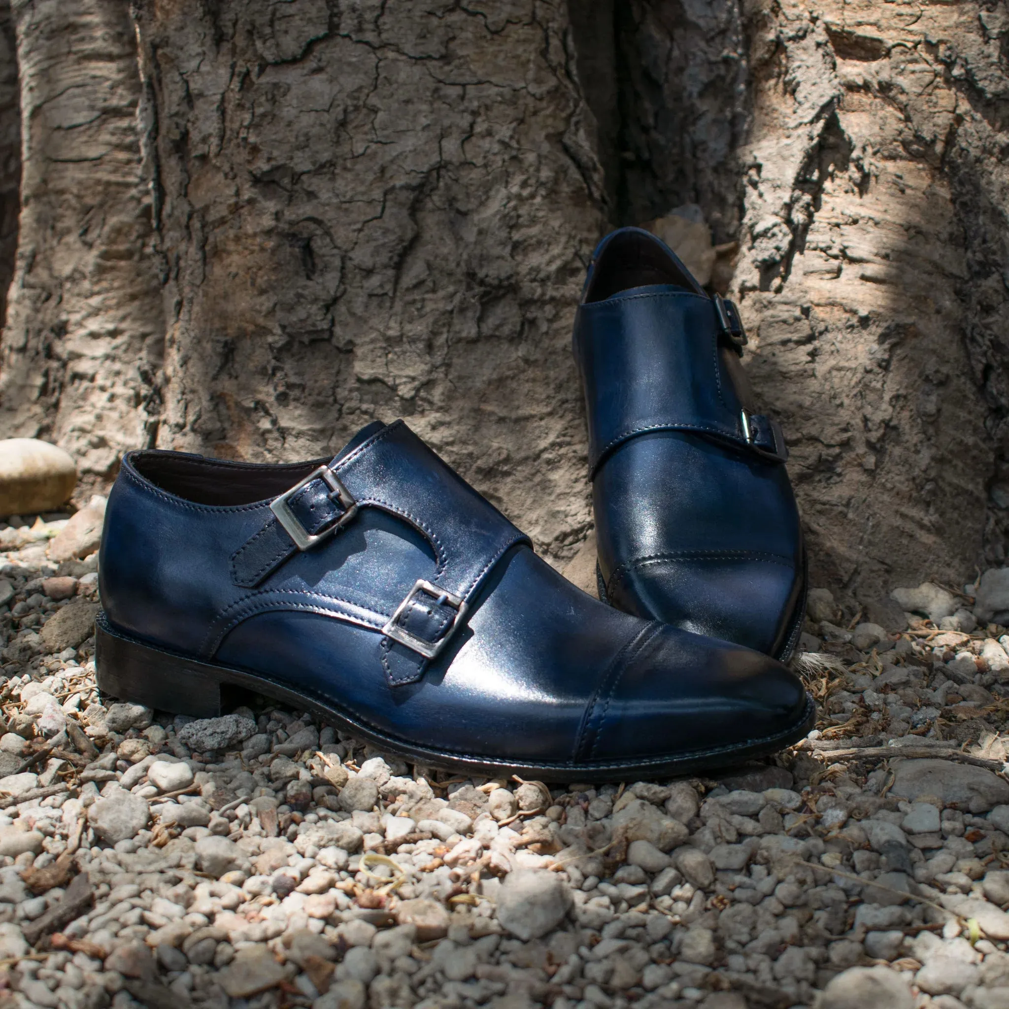 Navy Blue Suede Cheshire Monk Strap Shoes