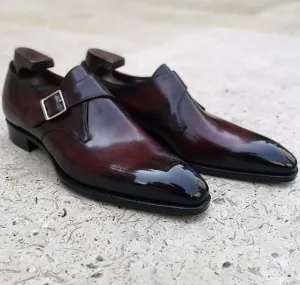 New Men's Handmade Burgundy Monk Leather Burnished Toe Shoes, Men Dress Buckle Shoes