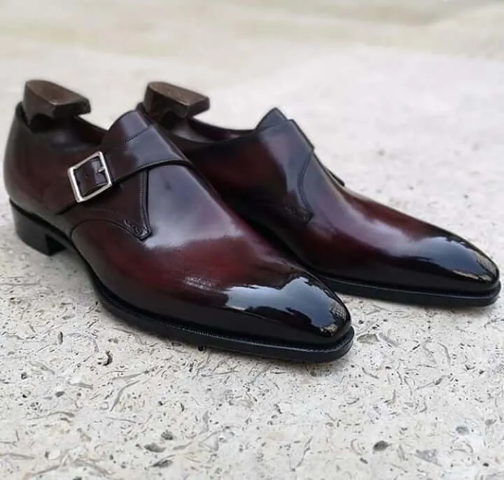 New Men's Handmade Burgundy Monk Leather Burnished Toe Shoes, Men Dress Buckle Shoes