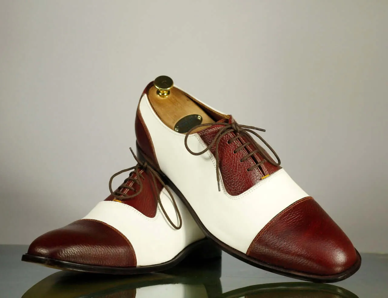 New Men's Handmade White Burgundy Cap Toe Lace Up Formal Shoes, Men Designer Shoes