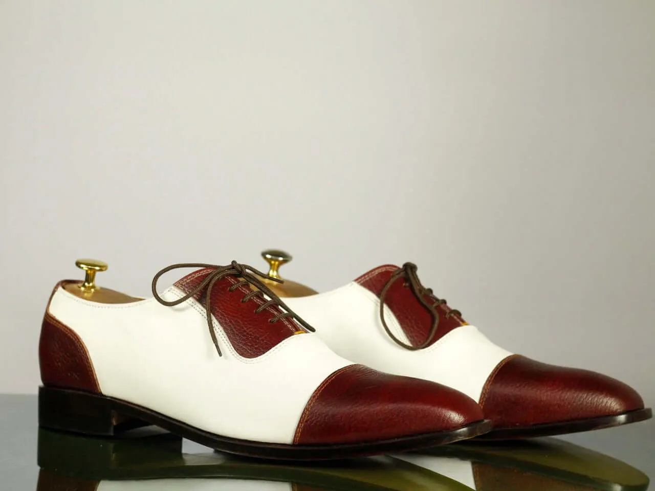 New Men's Handmade White Burgundy Cap Toe Lace Up Formal Shoes, Men Designer Shoes