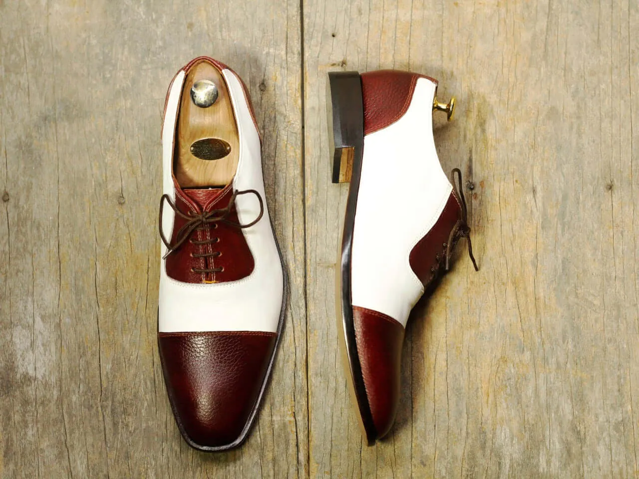 New Men's Handmade White Burgundy Cap Toe Lace Up Formal Shoes, Men Designer Shoes