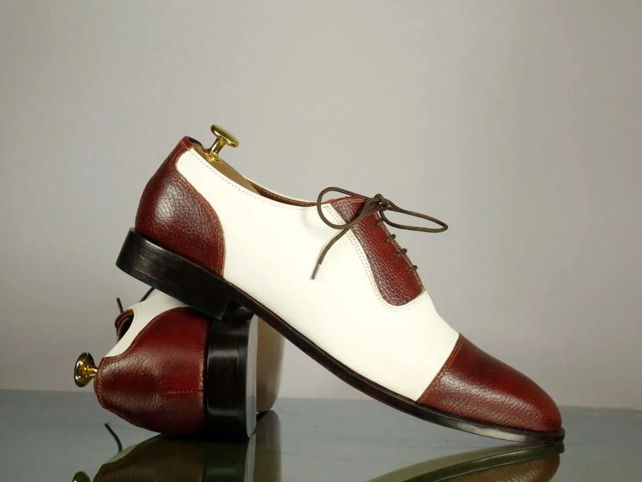 New Men's Handmade White Burgundy Cap Toe Lace Up Formal Shoes, Men Designer Shoes