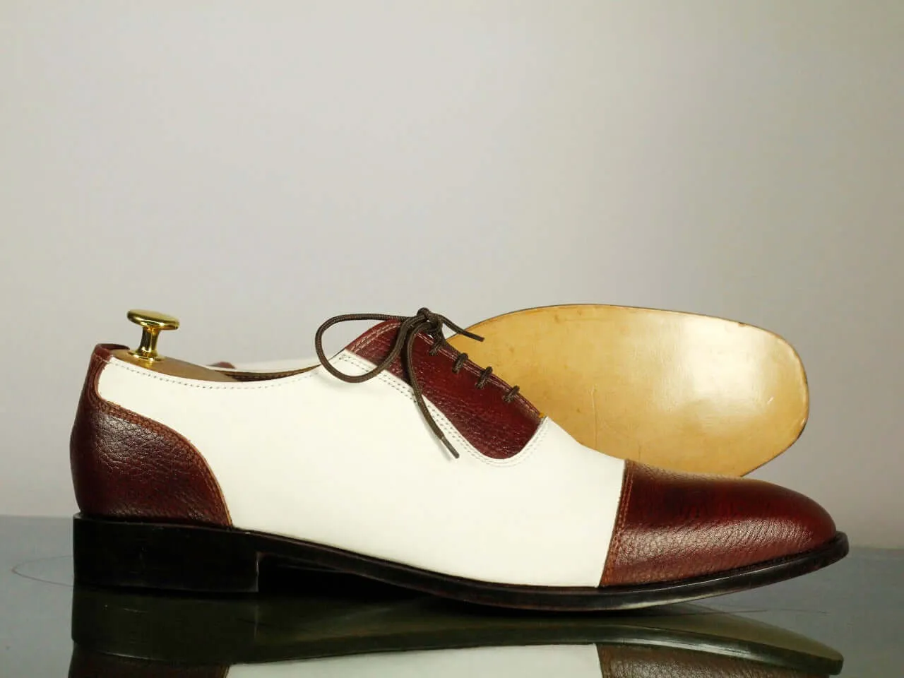 New Men's Handmade White Burgundy Cap Toe Lace Up Formal Shoes, Men Designer Shoes