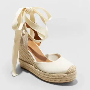 New - Women's Adriana Ankle Wrap Wedge Heels with Memory Foam Insole - Universal Thread Cream 8