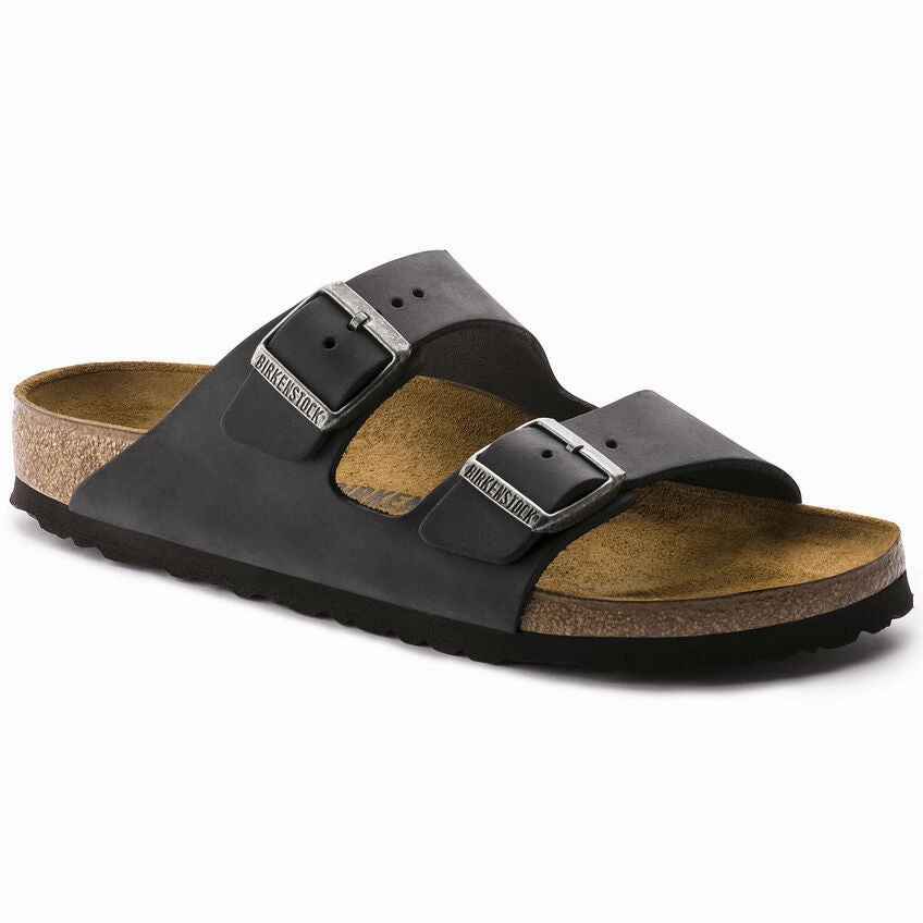 Non Slip Heel Counter Birkenstock Unisex Arizona Oiled Leather Sandal - Black Kind Step Dinner Look