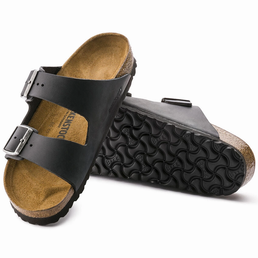 Non Slip Heel Counter Birkenstock Unisex Arizona Oiled Leather Sandal - Black Foot Support