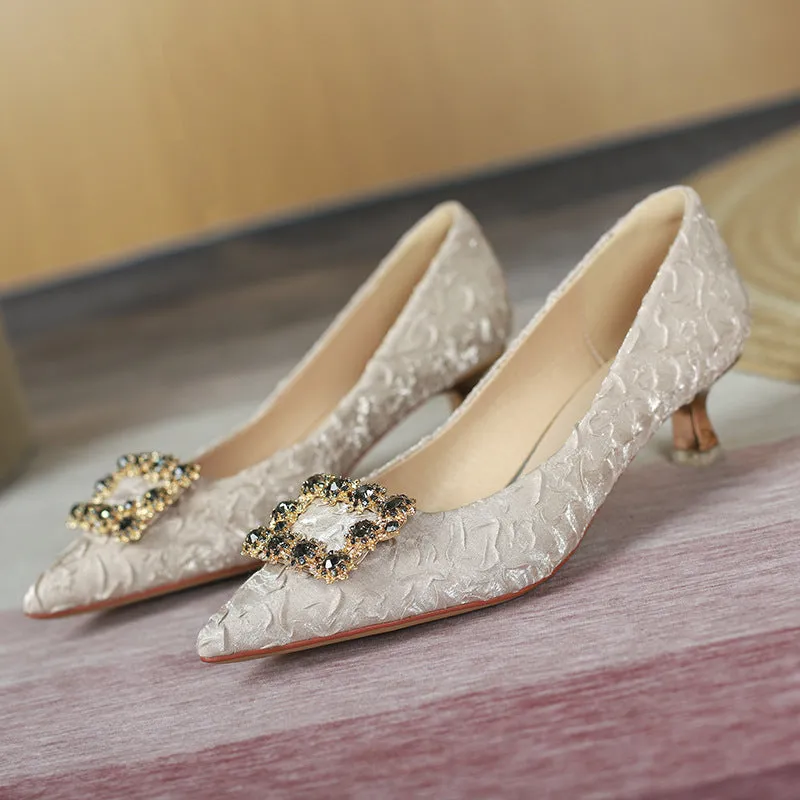 Nude Block Heels Closed Toe Spring High Heels Stiletto Heel Pointed Toe