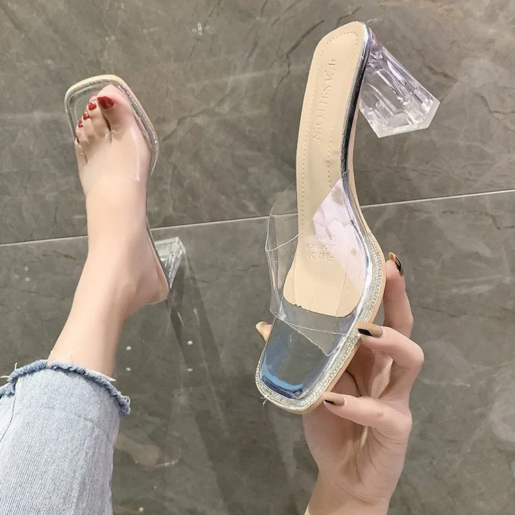 Nude Strappy Block Heels Transparent Sandals