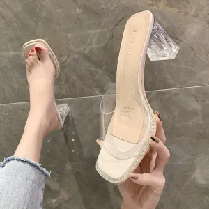 Nude Strappy Block Heels Transparent Sandals