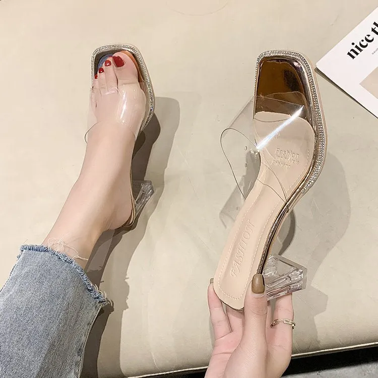 Nude Strappy Block Heels Transparent Sandals