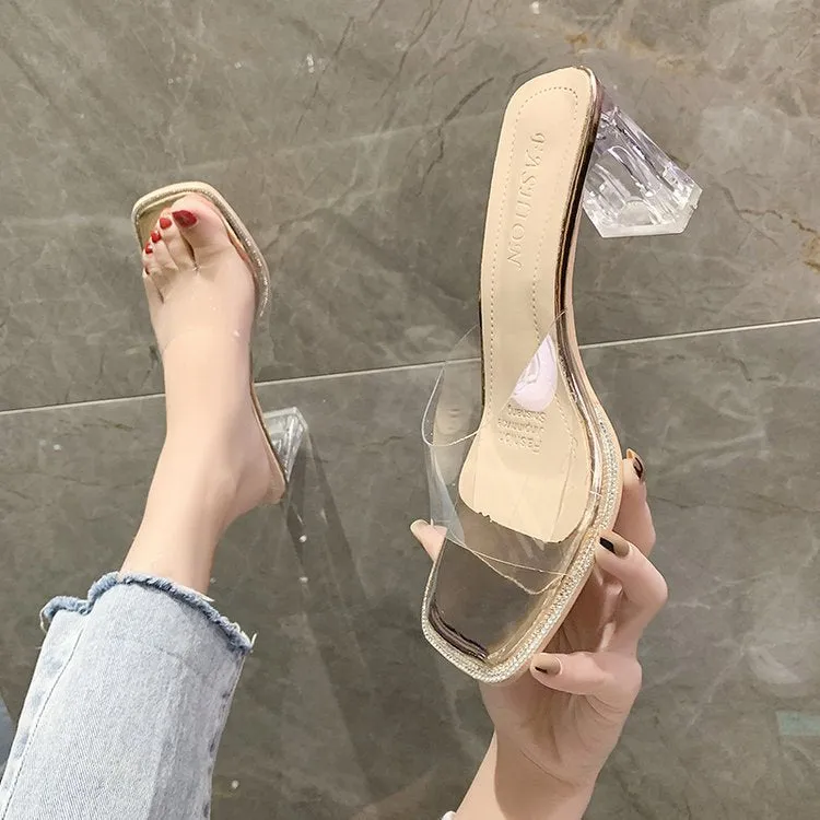 Nude Strappy Block Heels Transparent Sandals