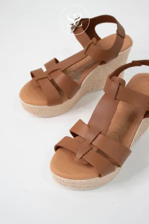 OH MY SANDALS 5727 TAN LEATHER WEDGE SANDALS