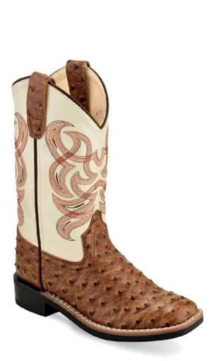 Old West Children Unisex Broad Square Toe Brown/White Faux Leather Cowboy Boots 9 D