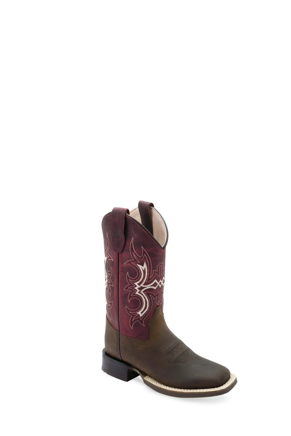 Old West Youth Unisex Square Toe Brown/Cloudy Burgundy Leather Cowboy Boots 5.5 D