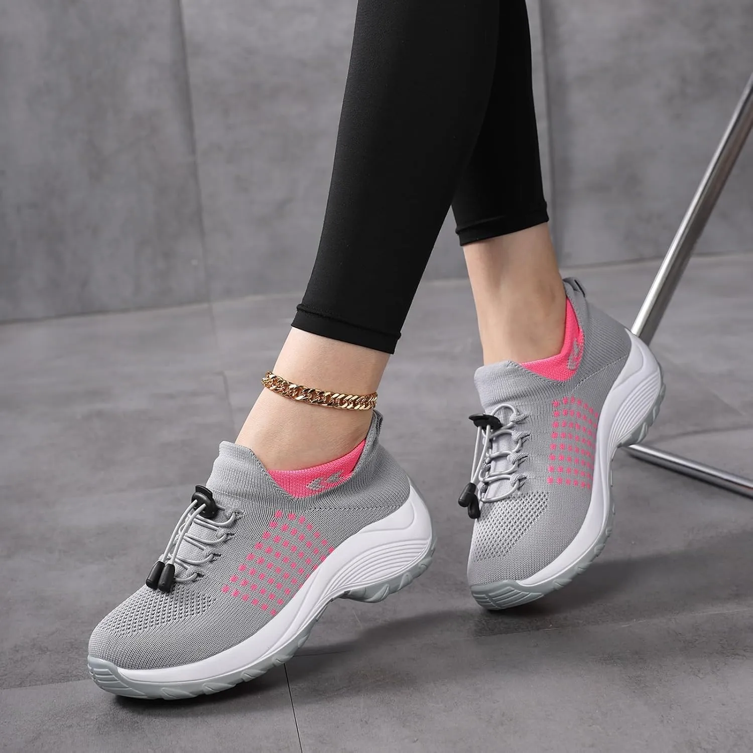 Orthopedic Sneakers Breathable Women Walking Shoes Slip On Trainers Breathable Knit Mesh Lace-Up Sneakers Comfortable Stretch Cushion Athletic Shoes for Women