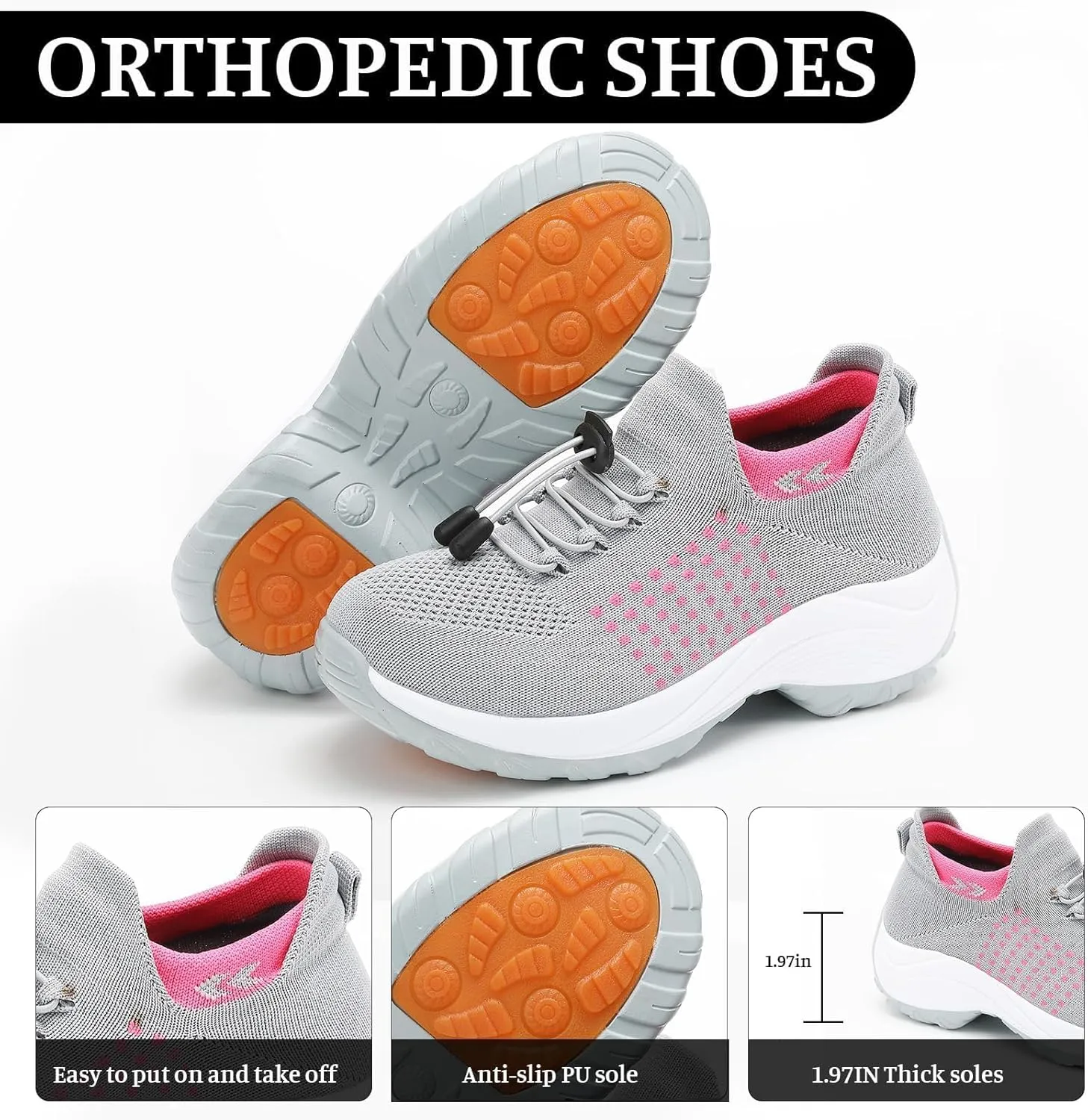 Orthopedic Sneakers Breathable Women Walking Shoes Slip On Trainers Breathable Knit Mesh Lace-Up Sneakers Comfortable Stretch Cushion Athletic Shoes for Women