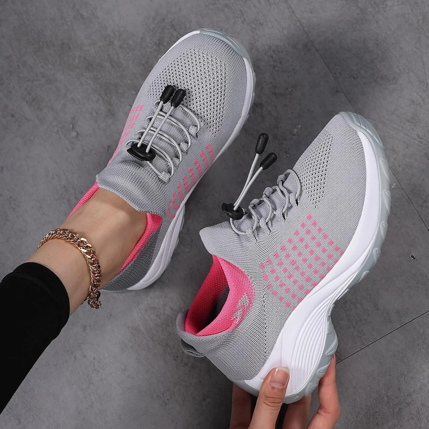 Orthopedic Sneakers Breathable Women Walking Shoes Slip On Trainers Breathable Knit Mesh Lace-Up Sneakers Comfortable Stretch Cushion Athletic Shoes for Women