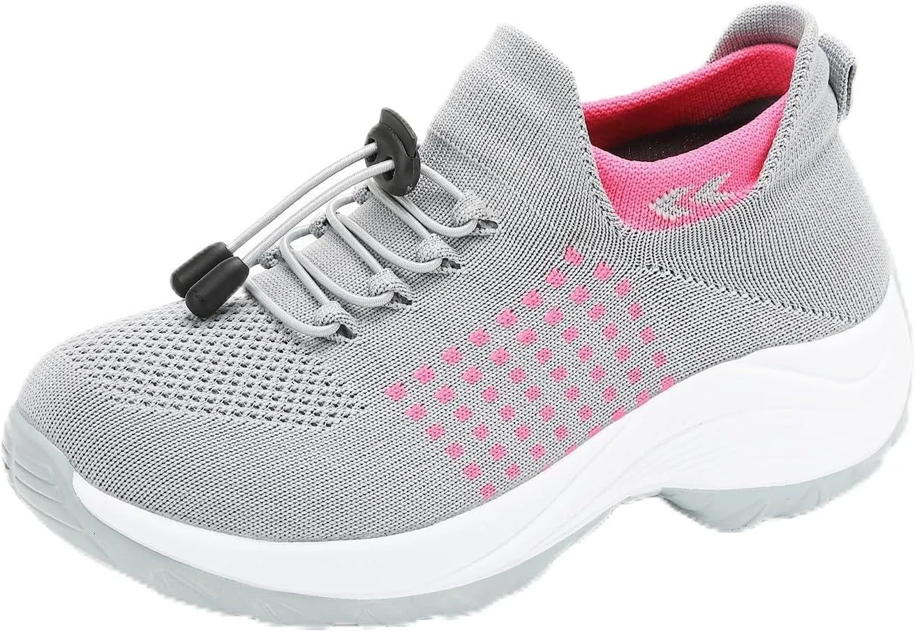 Orthopedic Sneakers Breathable Women Walking Shoes Slip On Trainers Breathable Knit Mesh Lace-Up Sneakers Comfortable Stretch Cushion Athletic Shoes for Women
