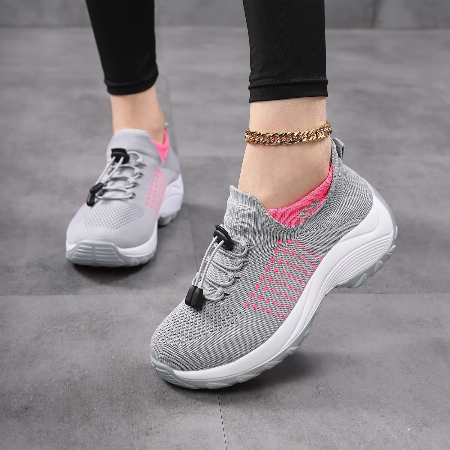 Orthopedic Sneakers Breathable Women Walking Shoes Slip On Trainers Breathable Knit Mesh Lace-Up Sneakers Comfortable Stretch Cushion Athletic Shoes for Women